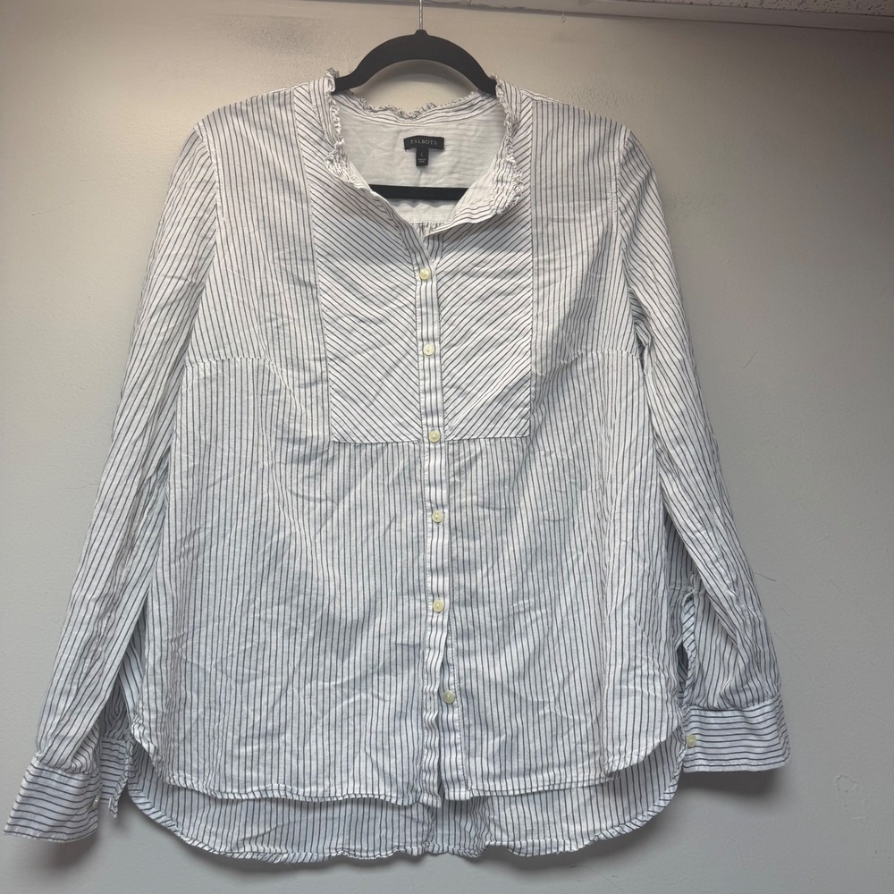 Talbots Button Down Shirt Womens Large White Pinstripe Excellent‎ Ruffle Collar